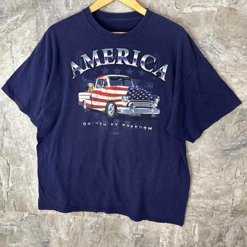 Navy blue vintage USA flag truck shirt‎  Men's size Large  #Car #Americanflag